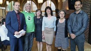 Beaches-East York MP Nathaniel Erskine Smith, Beaches-East York MPP Arthur Potts, Ward 32 Councillor Mary-Margaret McMahon, environmental consultant Martina Rowley, Julia Langer, CEO of the Toronto Atmospheric Fund, and Toby Heaps, CEO of Corporate Knights, at the Climate Change Town Hall September 14.