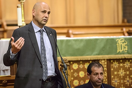 NDP candidate Matthew Kellway speaks during the Sept. 29 candidates' debate at St. John Norway church. PHOTO: Victor Biro