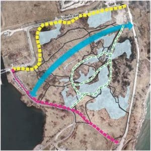 A "rough" proposal diagram of the series of trails to be constructed in the Baselands of the Leslie Spit. Courtesy TCRA