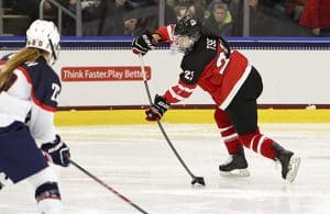 Canada’s Kaitlin Tse makes a pass during preliminary round action against the US at the 2015 IIHF Ice Hockey U18 Women’s World Championship in Buffalo, New York on Jan. 5.  Photo: Francois Laplante/HHOF-IIHG Images