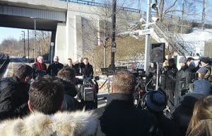Politicians speak to media at Danforth Station on Jan. 16 at the launch of a $60 monthly add-on fare for TTC riders looking to switch to the GO train for the final leg of a downtown trip. PHOTO: Jon Muldoon