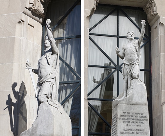 At left, a file photo shows Malvern Collegiate's First World War cenotaph as it looked shortly after a $44,000 restoration in November 2011. At right, a recent photo shows the cenotaph after vandals stole part of the sword from its statue. Designed by sculptor Emanuel Hahn, the cenotaph honours the 25 Malvern students and recent graduates who died in the First World War. PHOTOS: Phil Lameira, Andrew Hudson