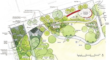 Twenty-nine new trees and one or two paths leading past relocated flower beds are part of the plans for the front portion of Kew Gardens. Image courtesy Plant Architect Inc.