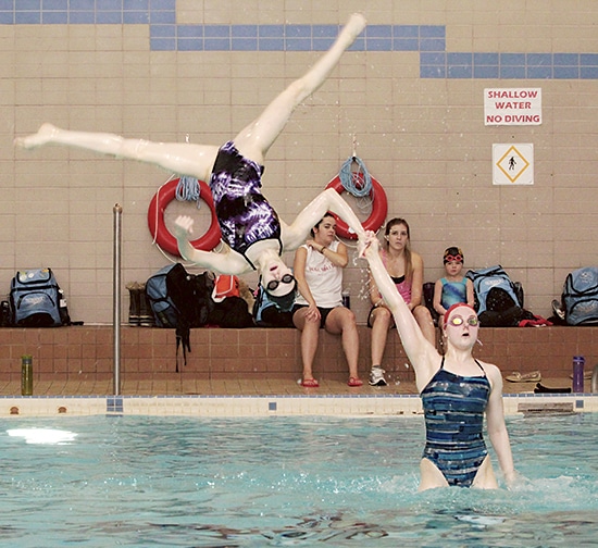 Members of Variety Village Synchro Club’s Tigers team work on their aerial moves at a recent club practice. PHOTO: Andrew Hudson