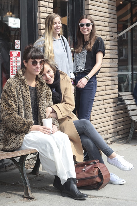 From left, The Beaches’ Jordan Miller, Kylie Miller, Eliza Enman-McDaniel and Leandra Earl take a break on Queen Street. The local indie rockers release their second EP, Heights, on May 5. PHOTO: Andrew Hudson