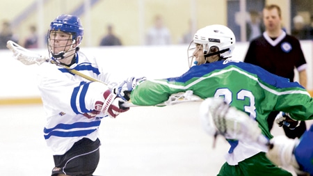Beaches' Ryan Lee takes a shot on goal during second period action against Peterborough. The Beaches Jr. A lacrosse team hosted a mini tournament on April 21 with Peterborough, St. Catherines and Barrie. The Beaches tied their first match against Peterborough 9-9 and defeated Barrie in their second match 11-7. PHOTO: Phil Lameira