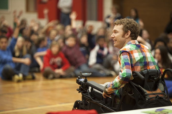 Luke Anderson speaks to students at Bowmore PS about the challenges of accessibility faced by people in wheelchairs. PHOTO: Mike Pochwat