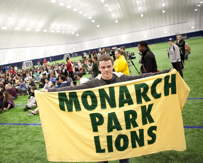Monarch Park student Sean Pitre shows off some school pride. Students gathered at the brand new stadium at Monarch Park CI for its grand opening on Dec. 5. PHOTO: Phil Lameira / Beach Metro News