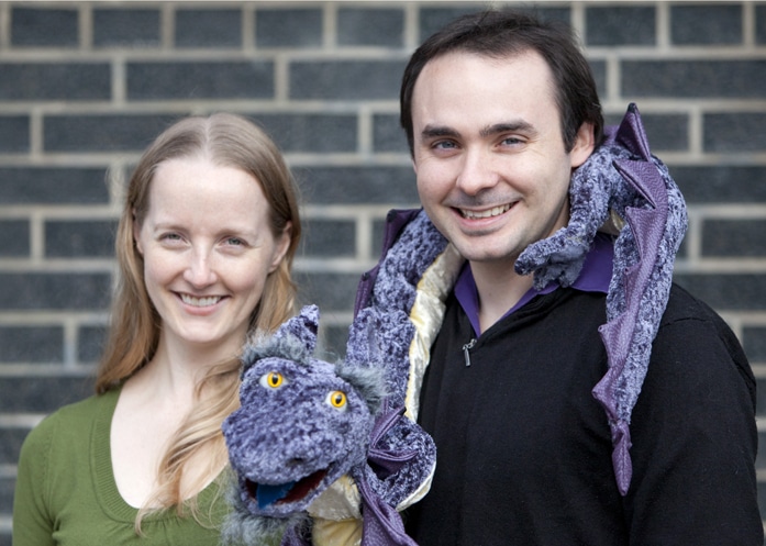 Helen and Tyler with one of their most popular puppets, Derek the Dragon. They were hired by the Gardiner Museum to support its Sunday Family Programs.  The inspiration for Derek was the many dragon motifs on exhibits in the museum. PHOTO: Phil Lameira / Beach Metro News
