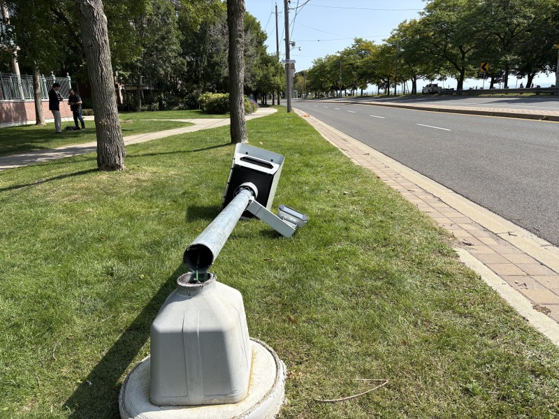 Vandalized Automated Speed Enforcement (ASE) camera cut down at Lakeshore Boulevard and Woodbine Avenue.